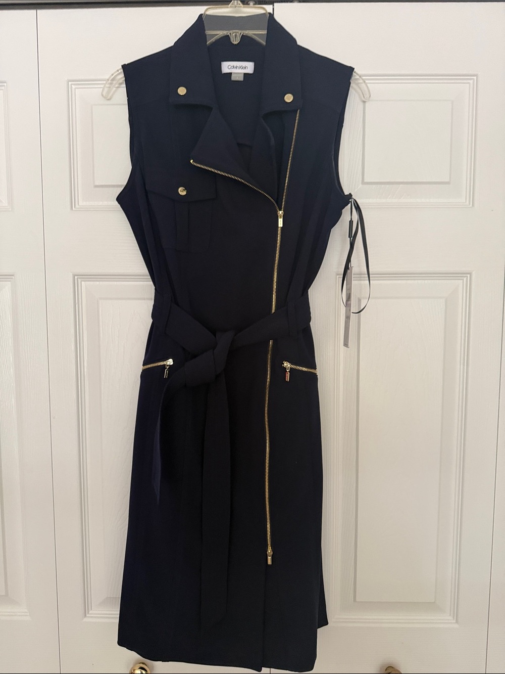 Calvin Klein Navy Sleeveless Zip Belted Shirt Dress with Gold Hardware.. size 6